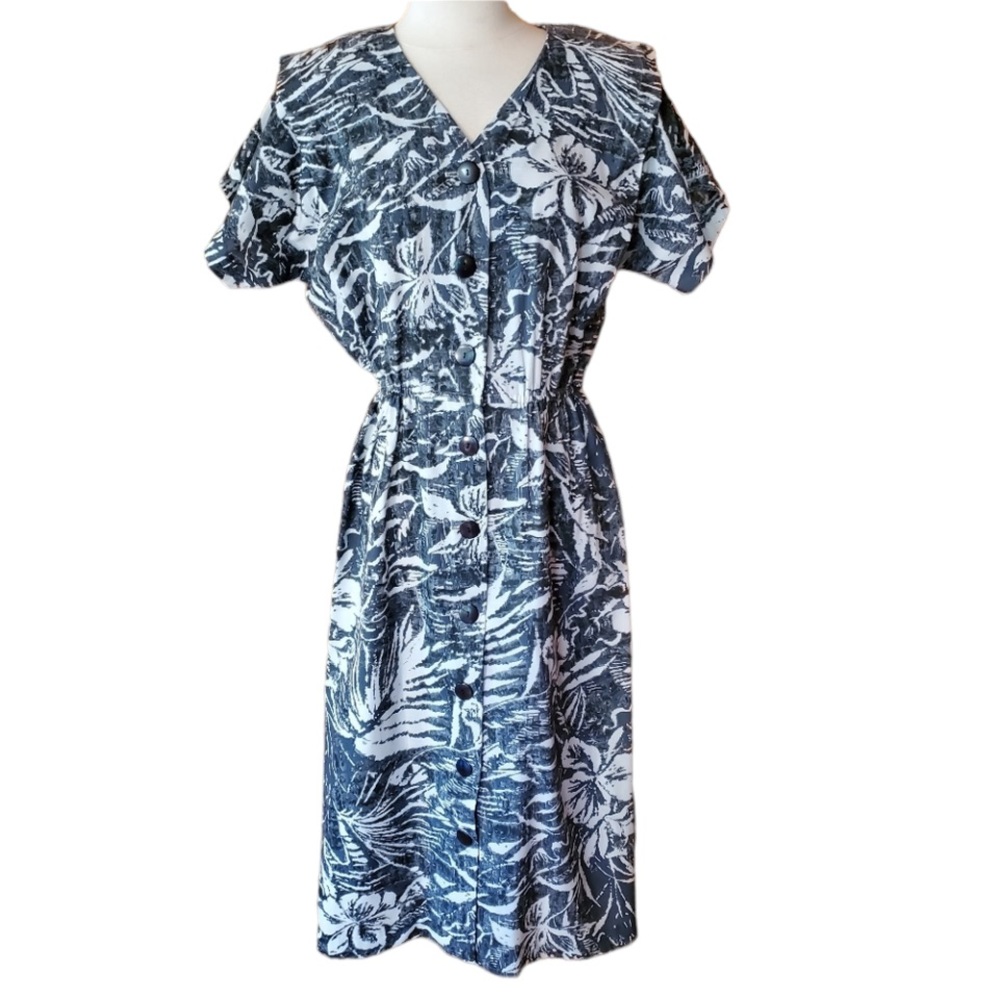 1980s Periwinkle Black & White Floral Career Dress
